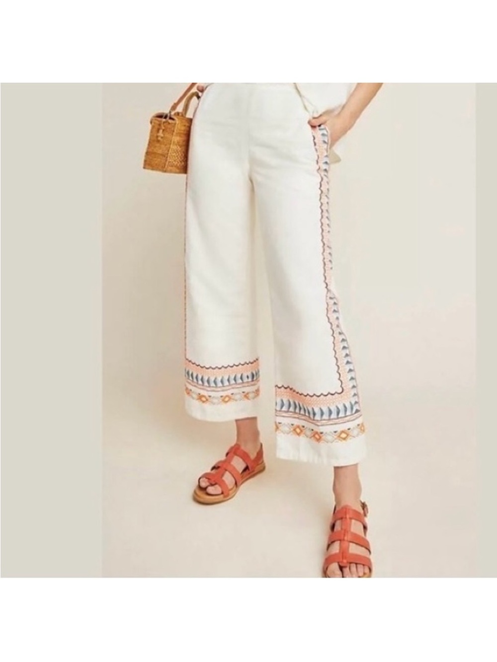 Anthropologie Womens Embroidered Linen Blend Cropped Pants Cream Boho Sz 2 Lined